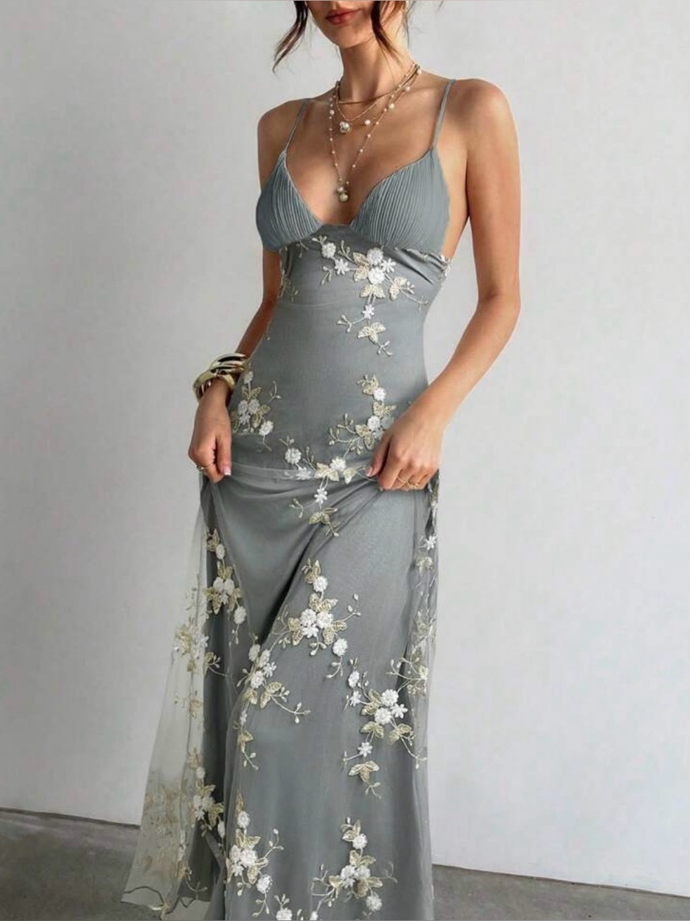 Elegant Grayish blue Floral Embroidered Slip Dress